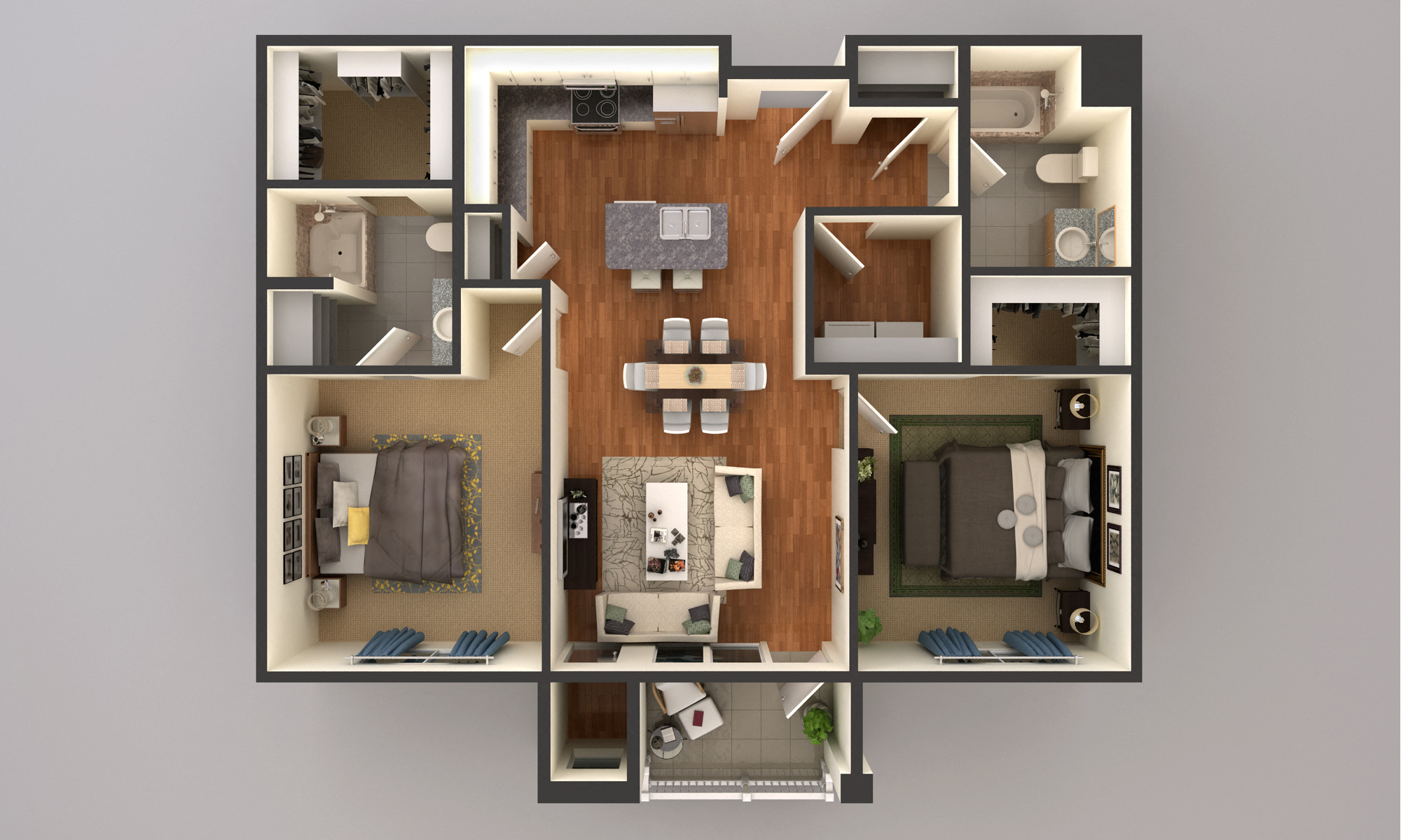 Floor plan for 2 beds, 2 baths, 1163 sqft